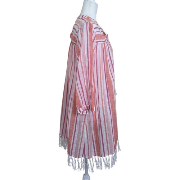Roller Rabbit Womens Tunic Top Pink Striped Cotton Cover-Up Tassel Fringe XL - Picture 2 of 8